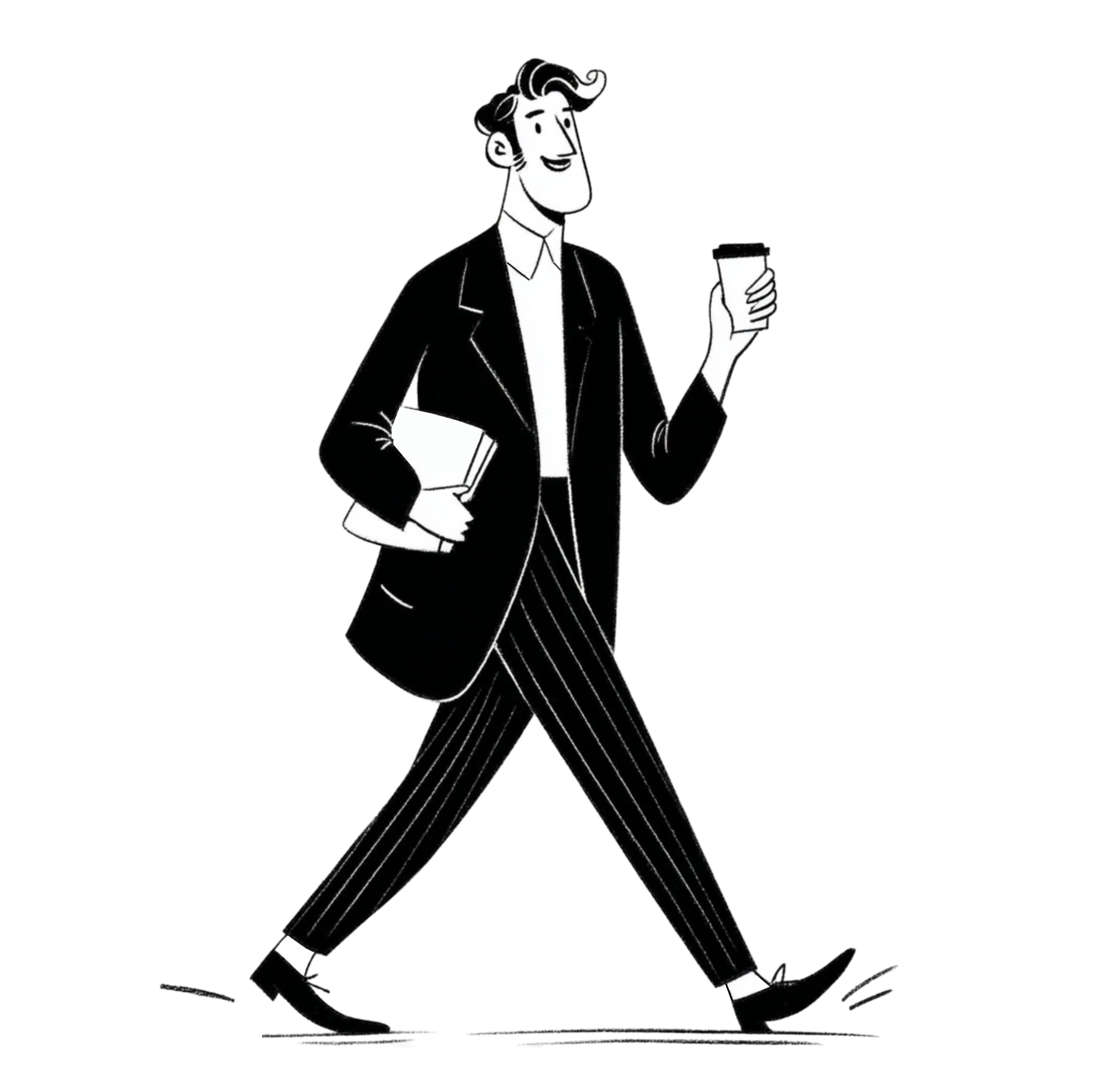 Person walking confidently with coffee in one hand and a folio in the other